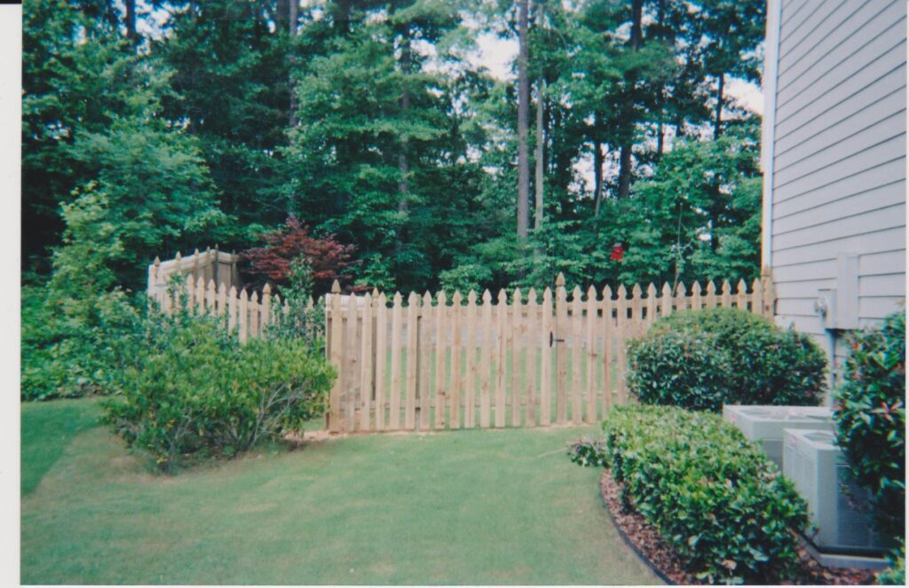 This 5 ft space picket Pressure Treated Pine French Gothic fence is constructed using 2x4 runners and 4x4 French Gothic post and 1 x 4 French Gothic pressure treated pine pickets