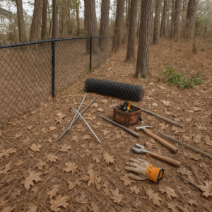 Repaired 4-foot black vinyl-coated chain link fence in Lilburn, Georgia, after storm damage