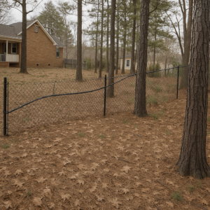 Storm-damaged black vinyl-coated chain link fence in Lilburn, Georgia