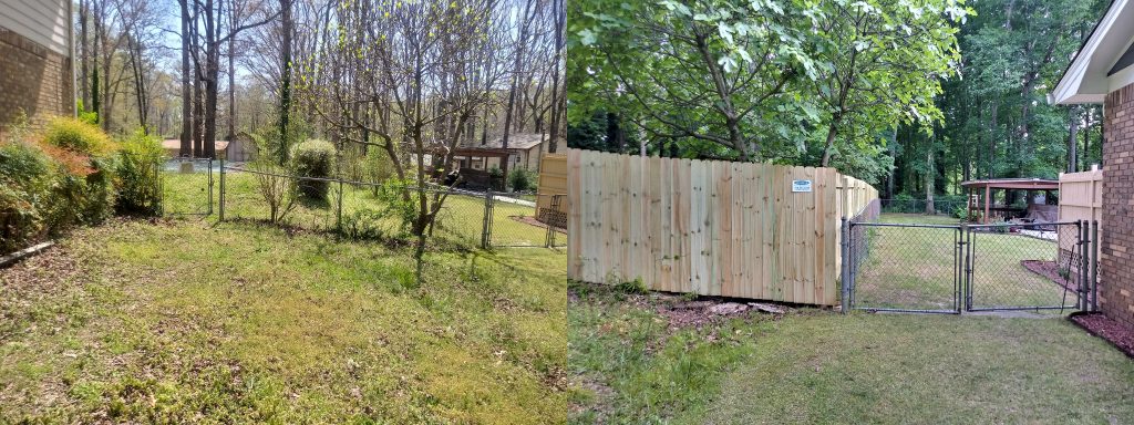 Before and after of a side yard fence project showing removal of chain link fence and installation of a vertical board wood privacy fence between two neighboring homes